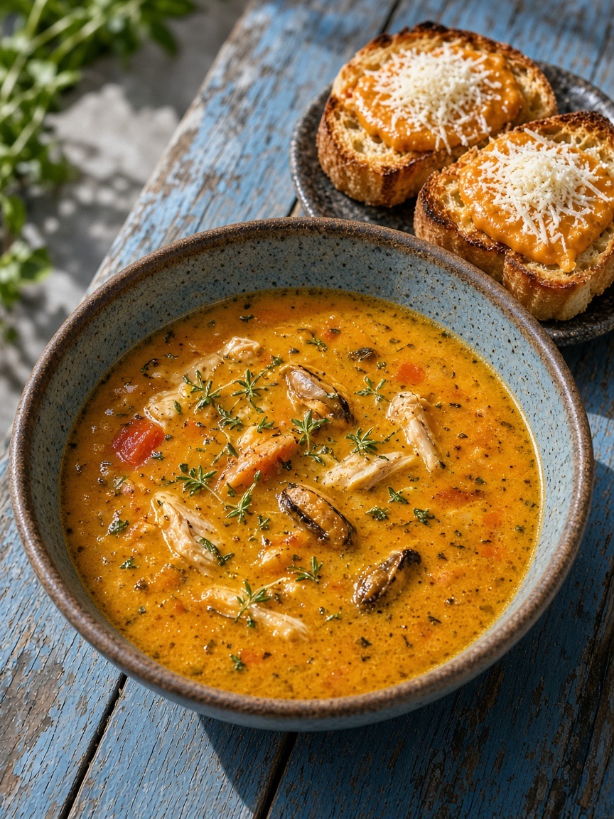 Food, fish soup, rouille and bread