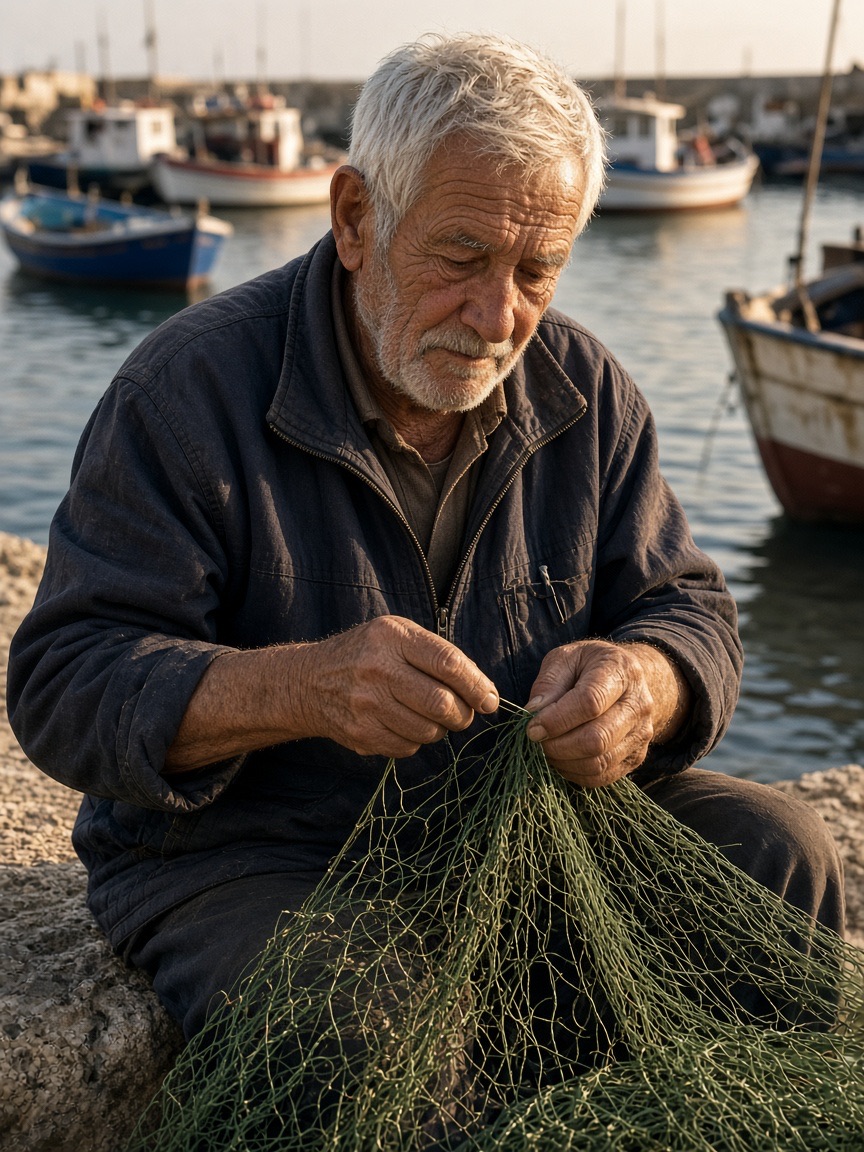 Portrait, fisherman mending a net