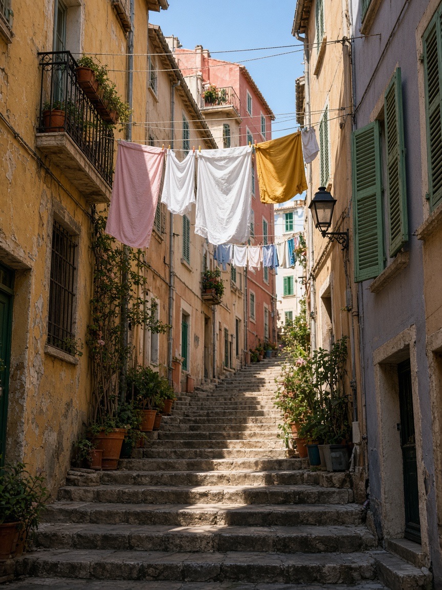Location, steep stairs under washing lines